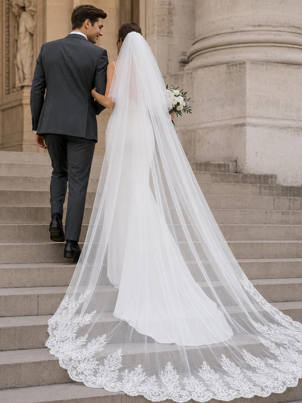 Elegant White Lace-Edged Wedding Veil - Bridal Hair Accessory